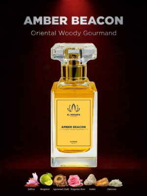Amber Beacon perfume 50ml oriental woody gourmand fragrance with saffron, oud, amber and tonka bean by Al Mosafa Aromatics