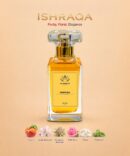 Ishraqa 50ml women's fruity floral perfume with peach, apple blossom, pineapple blossom, wild rose, musk, and patchouli notes, luxurious and radiant fragrance