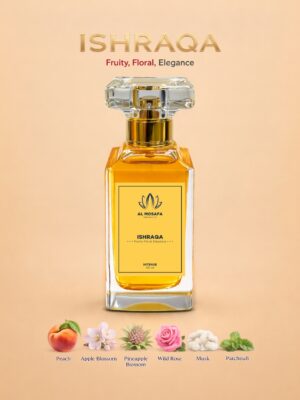 Ishraqa 50ml women's fruity floral perfume with peach, apple blossom, pineapple blossom, wild rose, musk, and patchouli notes, luxurious and radiant fragrance