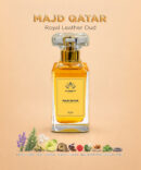 Majd Qatar 50ml Royal Leather Oud perfume bottle showcasing luxurious unisex fragrance with notes of saffron, oud, leather, and warm spices.