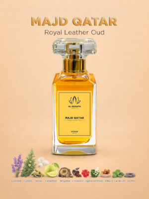 Majd Qatar 50ml Royal Leather Oud perfume bottle showcasing luxurious unisex fragrance with notes of saffron, oud, leather, and warm spices.