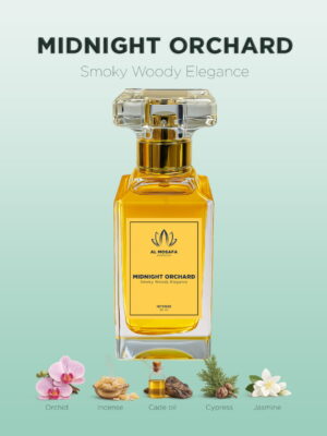 Midnight Orchard 50ml smoky woody perfume bottle with incense, cade oil, cypress and jasmine notes