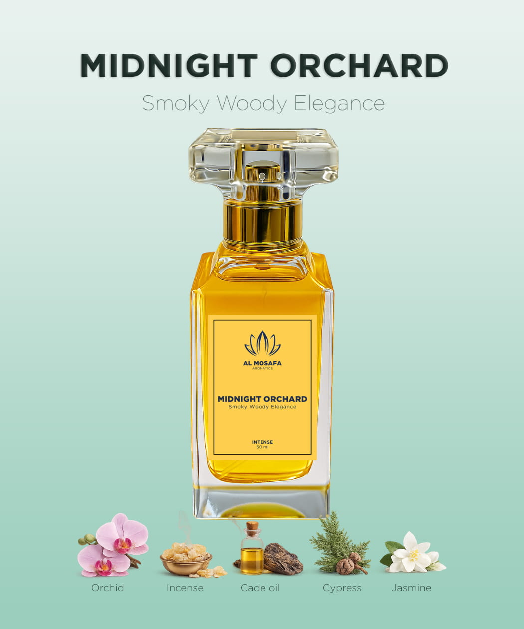 Midnight Orchard 50ml smoky woody perfume bottle with incense, cade oil, cypress and jasmine notes