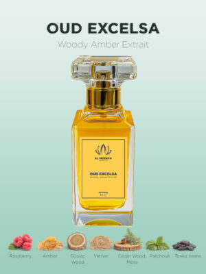 Oud Excelsa 50ml woody amber extrait perfume bottle with raspberry, birch, amber, guaiac wood, and vanilla notes