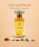 Oud Saffron perfume bottle 50ml, woody spicy unisex fragrance with saffron, vanilla, patchouli, and agarwood (oud)