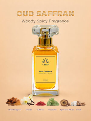 Oud Saffron perfume bottle 50ml, woody spicy unisex fragrance with saffron, vanilla, patchouli, and agarwood (oud)