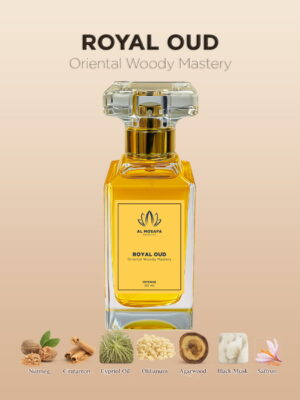 Royal Oud 50ml oriental woody perfume bottle with nutmeg, cinnamon, cypriol, olibanum, oud, black musk, and saffron notes