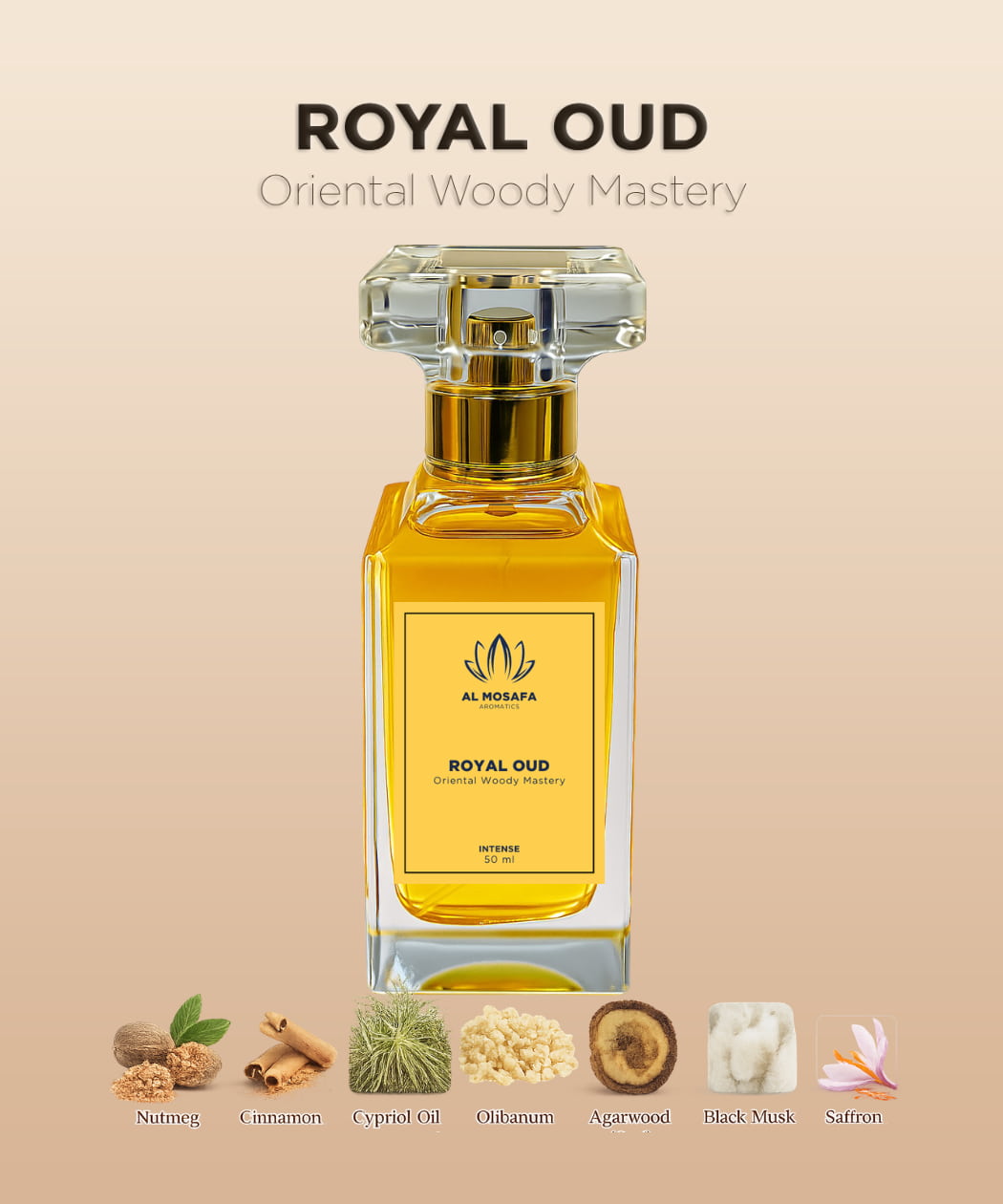 Royal Oud 50ml oriental woody perfume bottle with nutmeg, cinnamon, cypriol, olibanum, oud, black musk, and saffron notes