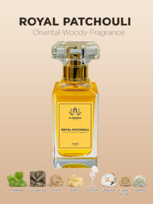 Royal Patchouli 50ml unisex oriental woody perfume bottle with geranium, lavender, orange, patchouli, cinnamon, rose, sandalwood, amber, and vanilla notes