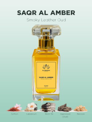 Saqr Al Amber 50ml smoky leather oud perfume bottle with saffron, labdanum, birch tar, oud, and benzoin notes