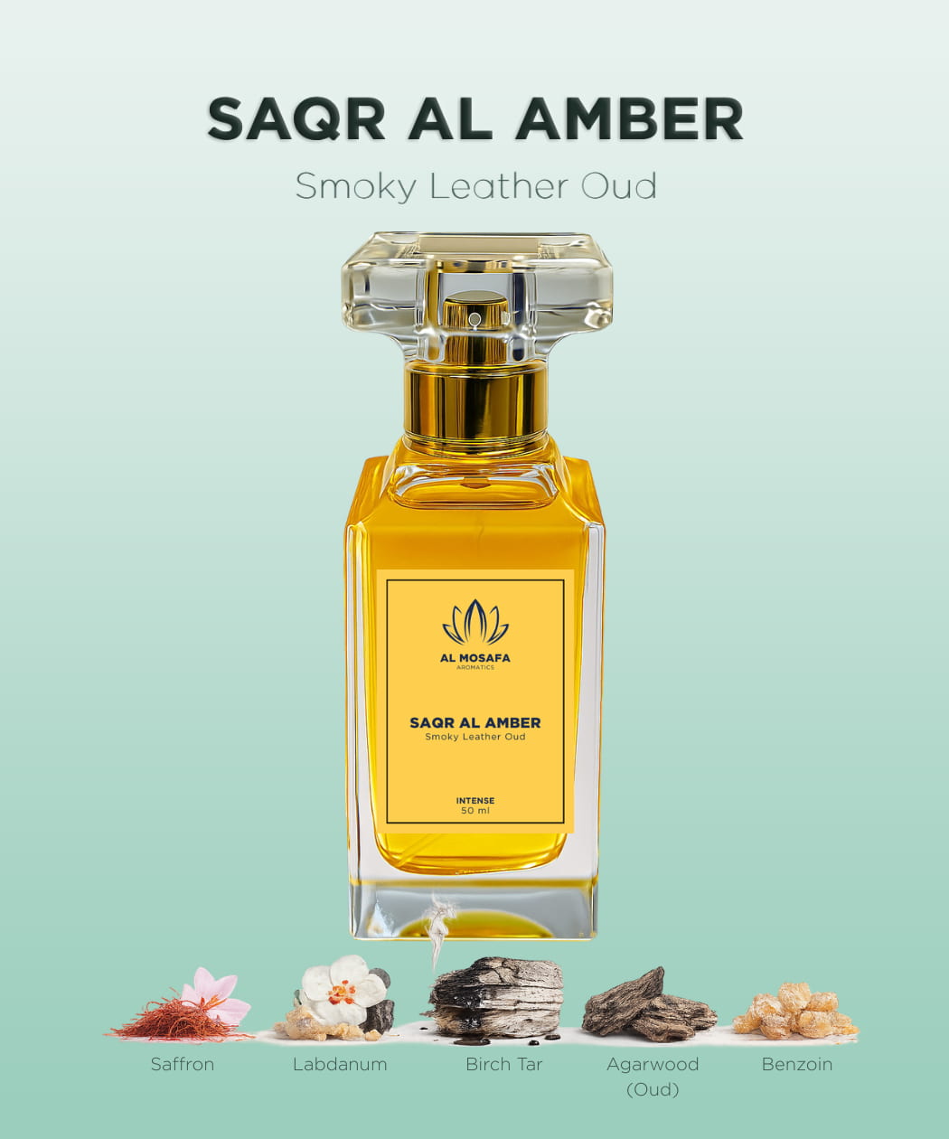 Saqr Al Amber 50ml smoky leather oud perfume bottle with saffron, labdanum, birch tar, oud, and benzoin notes