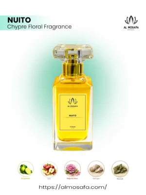 Nuito Genesis Series luxury chypre floral perfume bottle with rose, saffron, oud, vanilla, and amber notes crafted in Qatar for elegant feminine wear