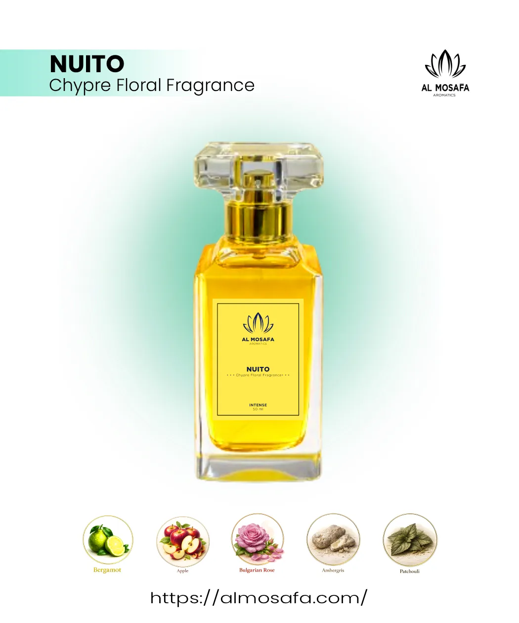 Nuito Genesis Series luxury chypre floral perfume bottle with rose, saffron, oud, vanilla, and amber notes crafted in Qatar for elegant feminine wear
