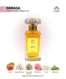 Ishraqa 50ml women's fruity floral perfume with peach, apple blossom, pineapple blossom, wild rose, musk, and patchouli notes, luxurious and radiant fragrance