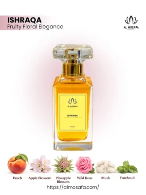 Ishraqa 50ml women's fruity floral perfume with peach, apple blossom, pineapple blossom, wild rose, musk, and patchouli notes, luxurious and radiant fragrance