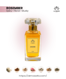 Luxury ROSEMBER perfume by Al-Mosafa Aromatics featuring warm spicy cinnamon and pimiento opening with soft rose, orris, ambergris, cedarwood, patchouli, and musk notes in an elegant premium fragrance presentation.