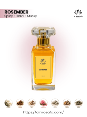 Luxury ROSEMBER perfume by Al-Mosafa Aromatics featuring warm spicy cinnamon and pimiento opening with soft rose, orris, ambergris, cedarwood, patchouli, and musk notes in an elegant premium fragrance presentation.