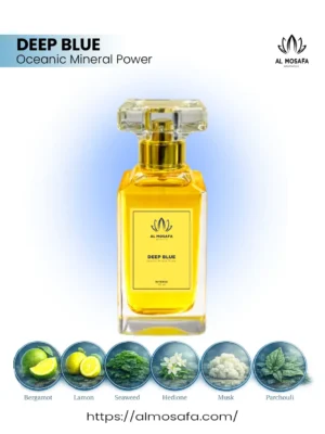 Luxury Deep Blue perfume by Al-Mosafa Aromatics inspired by Megamare Orto Parisi featuring bergamot, lemon, seaweed, calone, hedione, musk, ambroxan, and cedar notes in a premium marine woody fragrance for women and men.