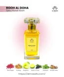 Luxury Rooh Al Doha perfume by Al-Mosafa Aromatics featuring pink pepper, saffron, nutmeg, bergamot, rose, jasmine, black currant, apple, patchouli, amber, musk, and woody notes in an elegant premium Arabian fragrance presentation.