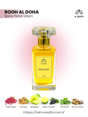 Luxury Rooh Al Doha perfume by Al-Mosafa Aromatics featuring pink pepper, saffron, nutmeg, bergamot, rose, jasmine, black currant, apple, patchouli, amber, musk, and woody notes in an elegant premium Arabian fragrance presentation.
