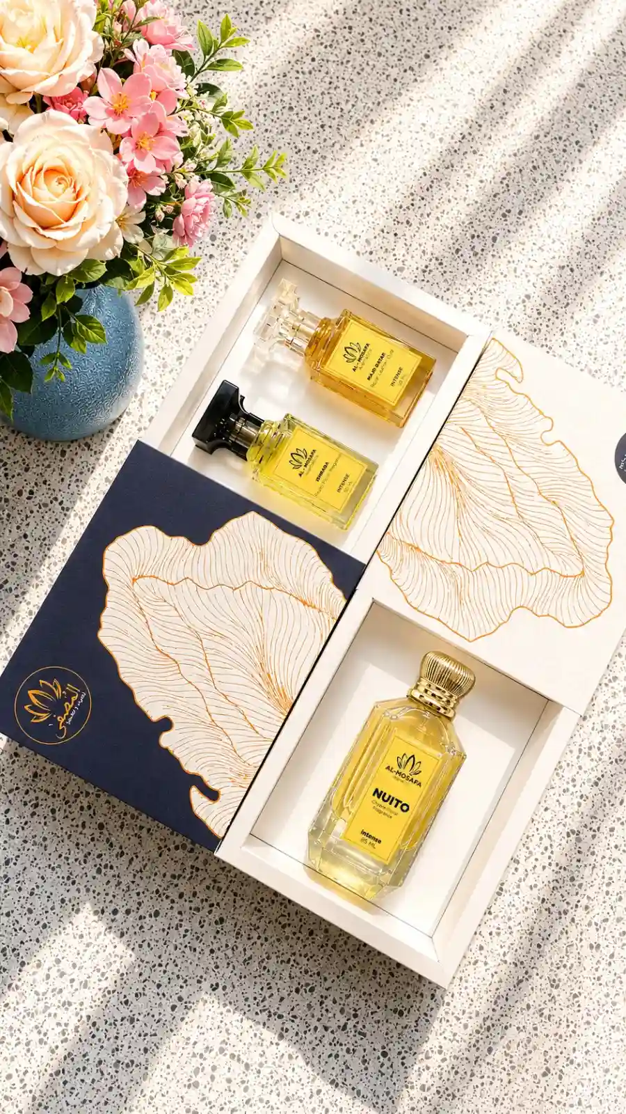Al-Mosafa Aromatics luxury perfume gift set featuring Ishraqa and Majd Qatar 50ml fragrances in an open blue presentation box alongside Nuito 85ml perfume in a white luxury box, styled with an elegant floral vessel.