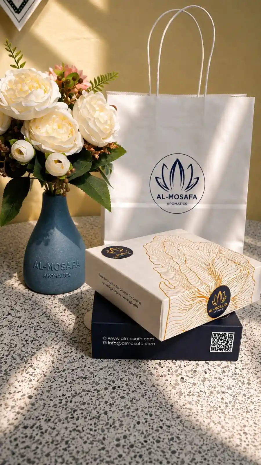 Luxury Al-Mosafa Aromatics perfume gift boxes arranged in a cascading display with an Al-Mosafa shopping bag in the background and an elegant floral vessel, showcasing premium fragrance packaging in Qatar.